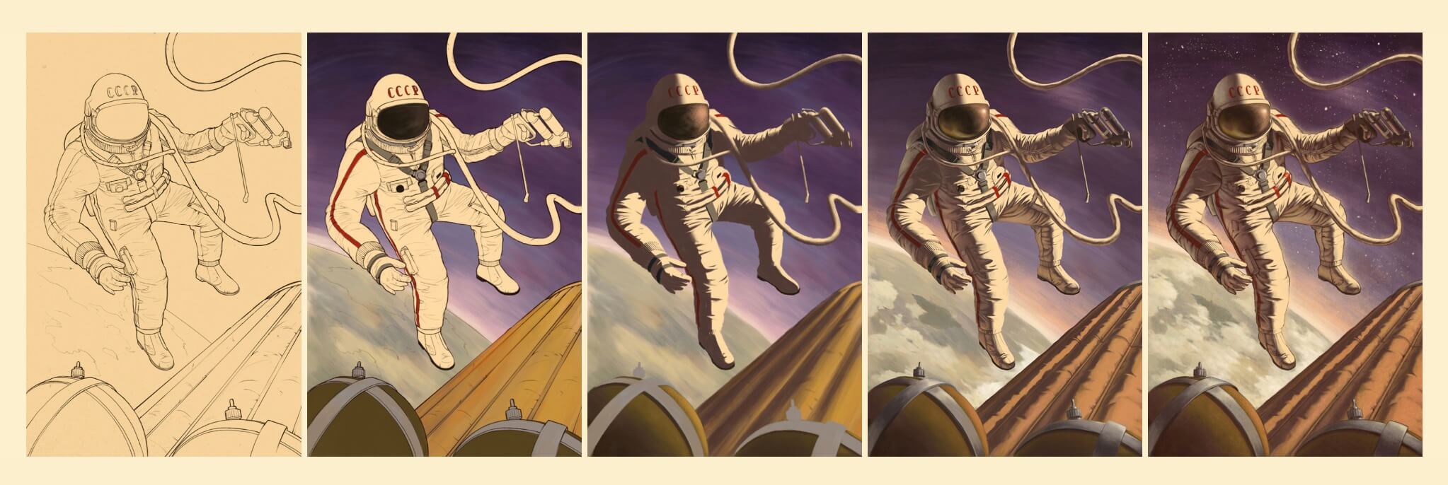 Процесс создания иллюстрации с изображением космонавта. 